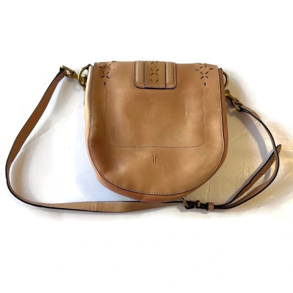 FRYE Ilana Perforated Harness Saddle Crossbody Small Leather Bag Purse Tan